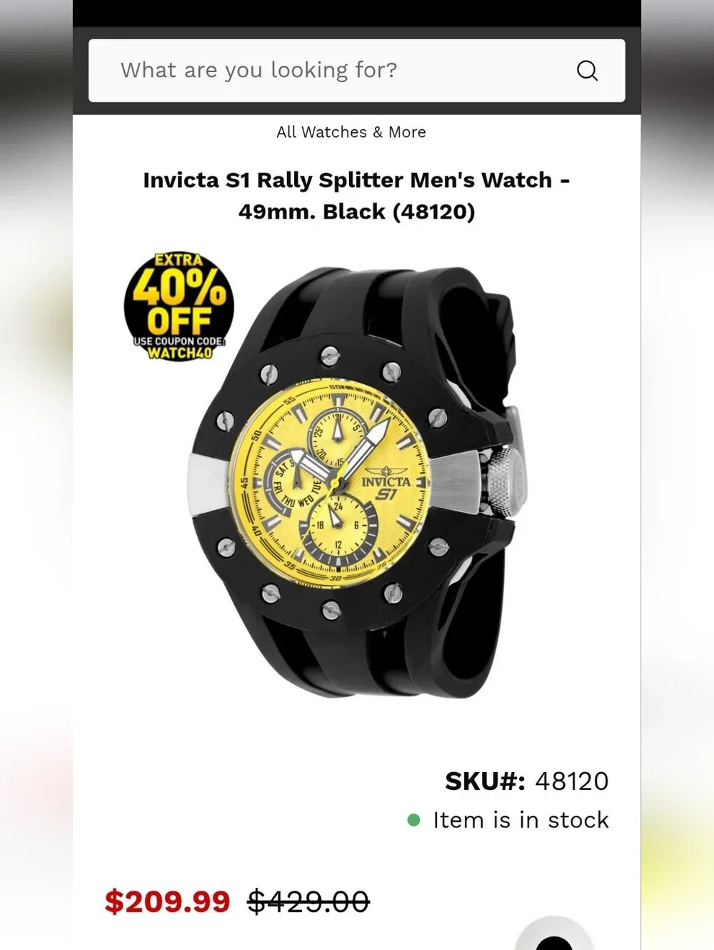 336.  Invicta S1 Rally Splitter Men's Watch - 49mm. Black (48120)